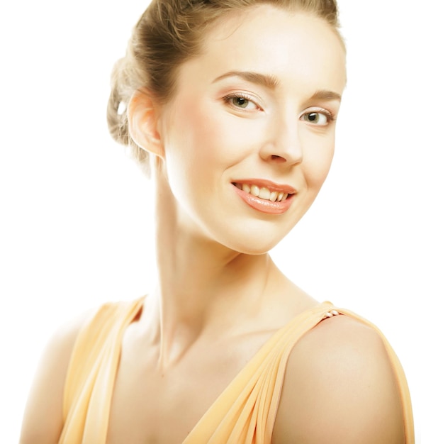 Portrait of beautiful woman on white background