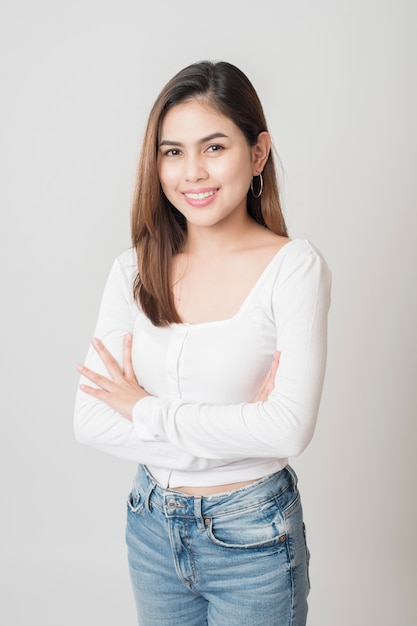 Portrait of beautiful woman on white background 