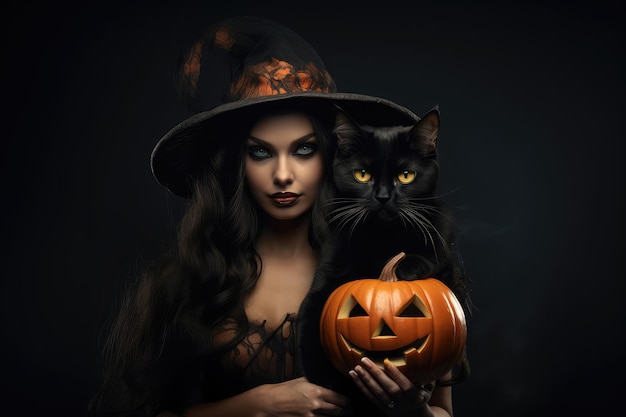 Portrait of beautiful woman in witch costume with black cat and pumpkin