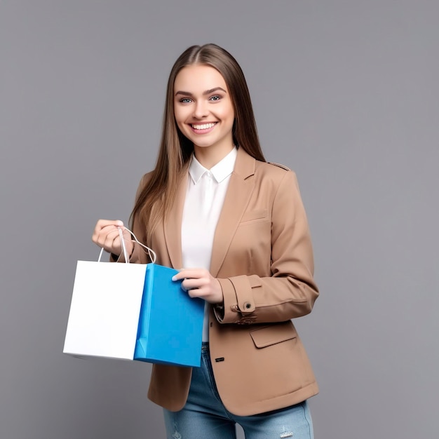 portrait of a beautiful woman with a bag in her hands on a Gray background