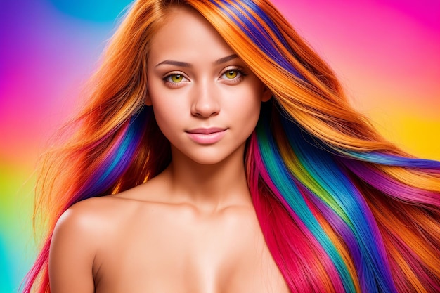 Portrait of a beautiful woman with bare shoulders and hair dyed with multicolored strands Generative AI