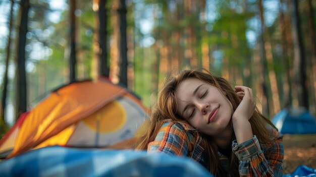 Photo portrait of beautiful woman with closed eyes and closed eyes smoking cigarette and smoke in the forest