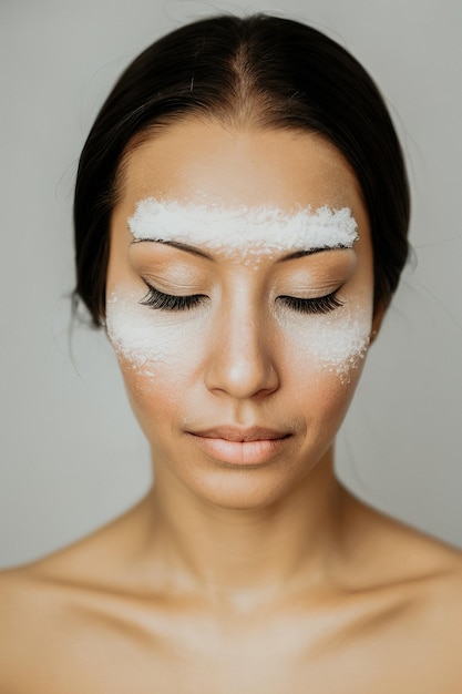 Portrait of a beautiful woman with closed eyes and snow on her face Winter makeup like a snow queen