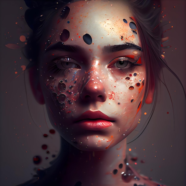 Photo portrait of a beautiful woman with creative makeup and blood drops on her face