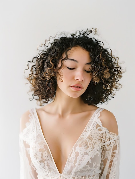 Photo portrait of a beautiful woman with curly hair wearing a white lace dress