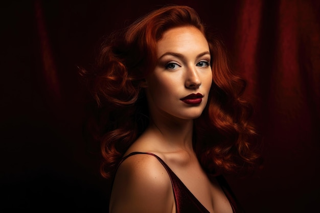 Portrait of a beautiful woman with dark red hair wearing a dark red lipstick