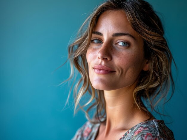 Portrait of a beautiful woman with freckles on a blue background