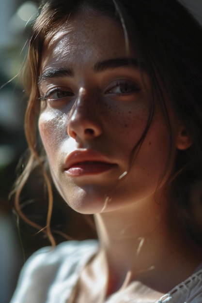 Portrait of a beautiful woman with freckles on her face