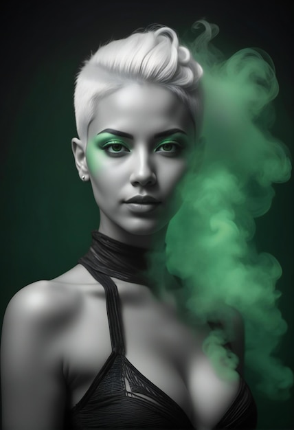 Portrait of a beautiful woman with green makeup and smoke