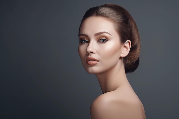 Portrait of a beautiful woman with a hairdo on a gray background