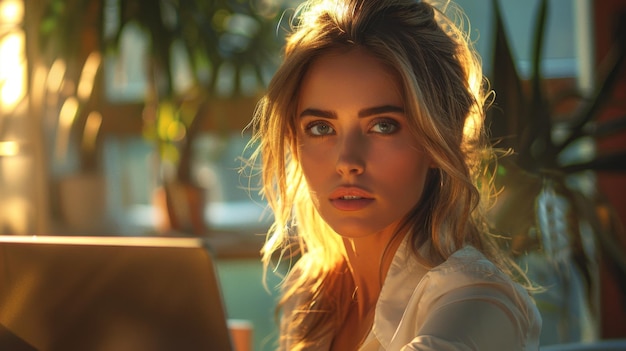 portrait of beautiful woman with laptop in the sun businesswoman