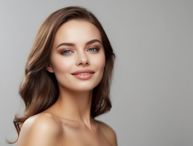 Photo portrait of a beautiful woman with long brown hair and blue eyes