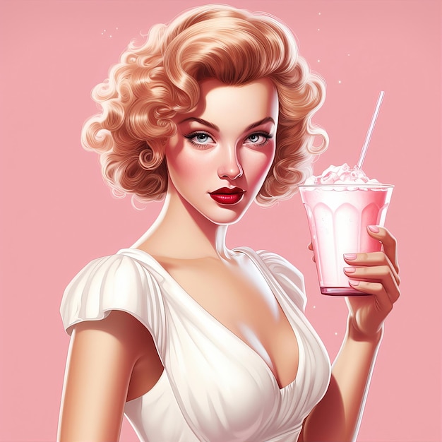 Portrait of beautiful woman with milkshake on pink background