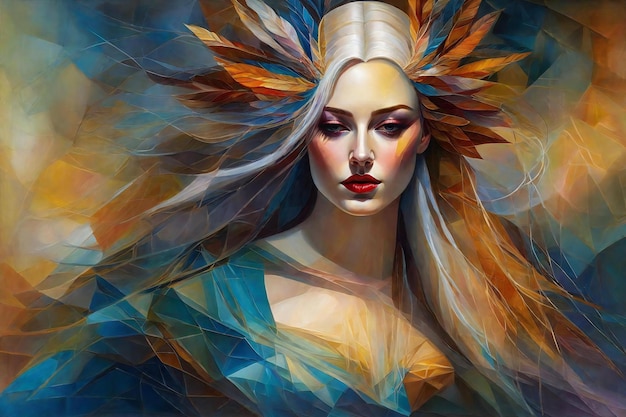 Portrait of a beautiful woman with a multicolored feather headdress