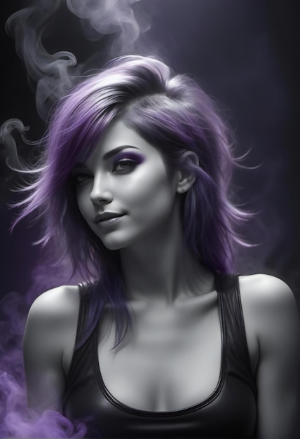 Portrait of a beautiful woman with purple hair and smoke on her face