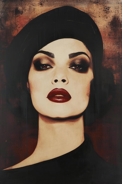 Portrait of a beautiful woman with red lips and black hat