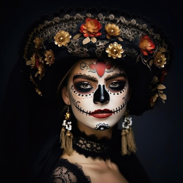 Portrait of a beautiful woman with sugar skull makeup day of the dead Halloween