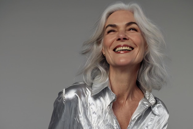 Portrait of a beautiful woman with white hair on a grey background