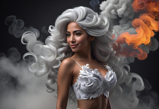 Portrait of beautiful woman with white hair and smoke on black background