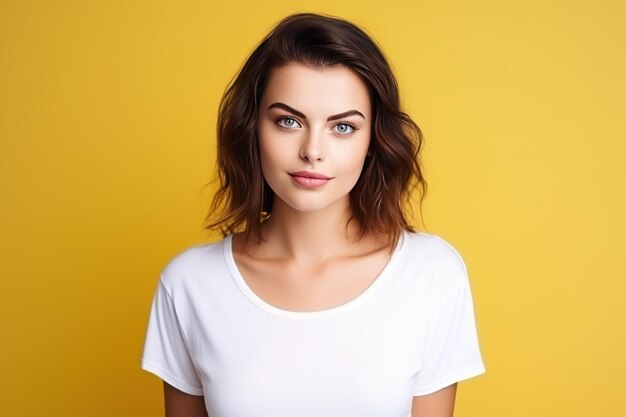 Photo portrait of a beautiful woman with white tshirt isolated in yellow studio generative ai