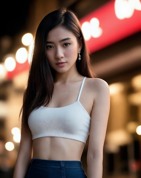 portrait of a beautiful women wearing tank top and mini skirt standing in front of store