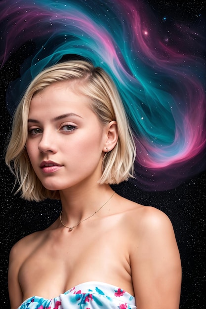 Portrait of a beautiful women with cosmic background