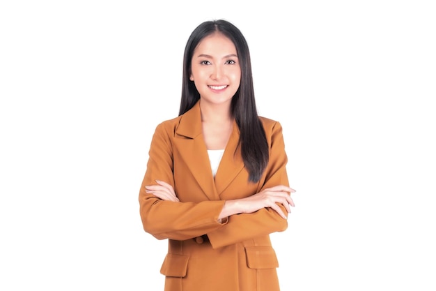 Portrait beautiful working Asian woman business girl standing arms crossed with happiness isolated on white background copy space