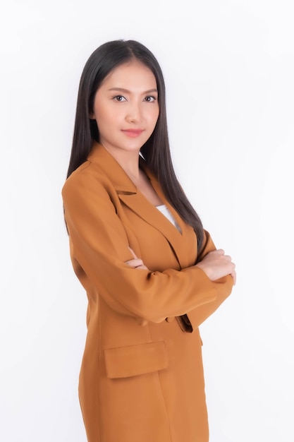 Portrait beautiful working Asian woman business girl standing arms crossed with happiness isolated on white background copy space