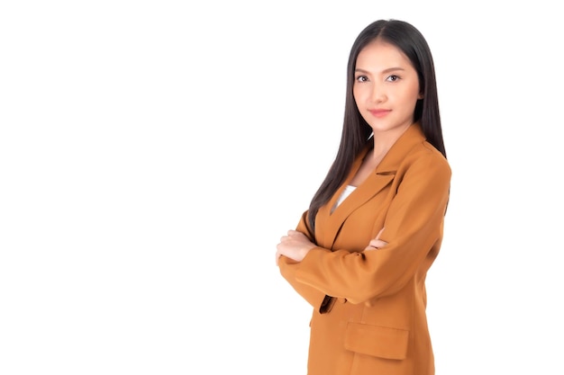 Portrait beautiful working Asian woman business girl standing arms crossed with happiness isolated on white background copy space