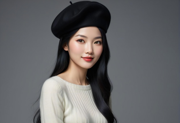 Portrait of a beautiful young asian woman in beret and sweater