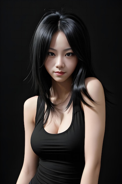 Portrait of a beautiful young asian woman in black dress on black background