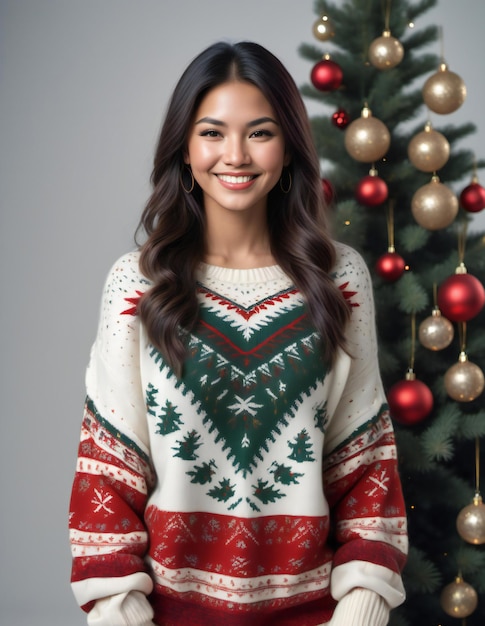 Portrait of a beautiful young asian woman in christmas sweater