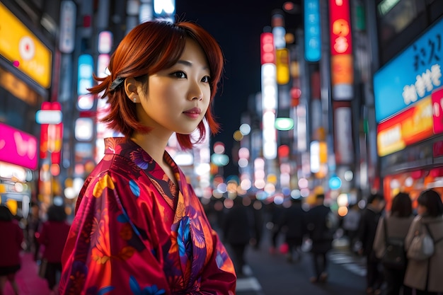 Portrait of a beautiful young asian woman in the city at night