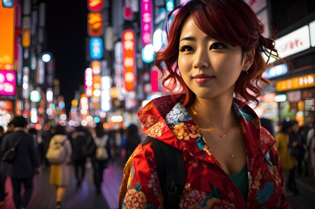 Portrait of a beautiful young asian woman in the city at night