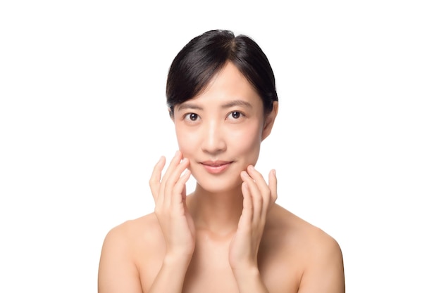 Portrait of beautiful young asian woman clean fresh bare skin concept Asian girl beauty face skincare and health wellness Facial treatment Perfect skin Natural make up on white background