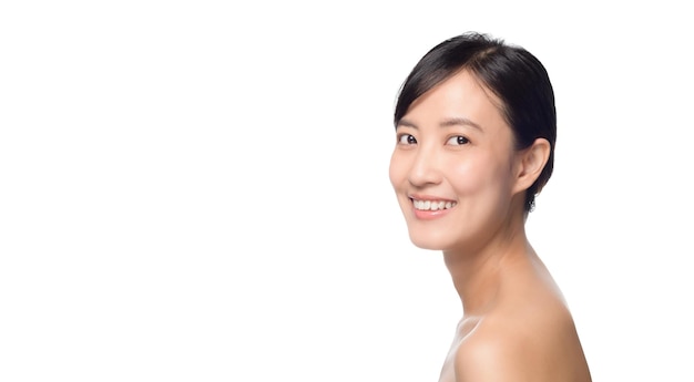 Portrait of beautiful young asian woman clean fresh bare skin concept Asian girl beauty face skincare and health wellness Facial treatment Perfect skin Natural make up on white background