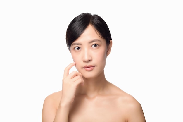 Portrait of beautiful young asian woman clean fresh bare skin concept Asian girl beauty face skincare and health wellness Facial treatment Perfect skin Natural make up on white background