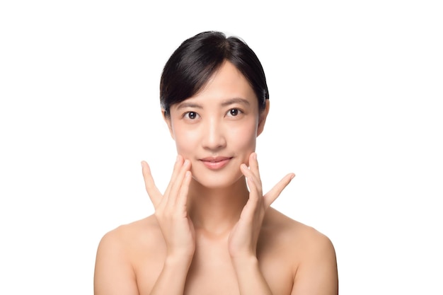 Portrait of beautiful young asian woman clean fresh bare skin concept Asian girl beauty face skincare and health wellness Facial treatment Perfect skin Natural make up on white background