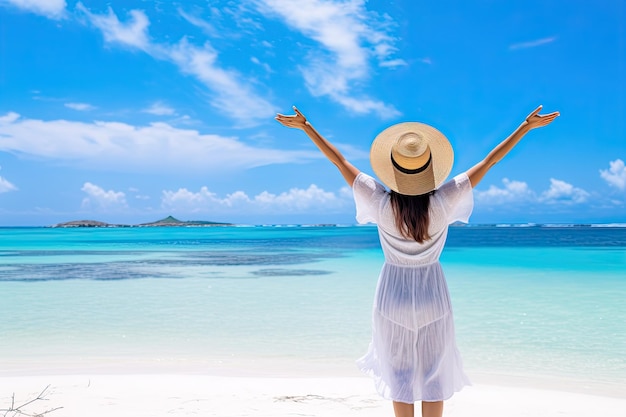 Portrait beautiful young asian woman happy smile leisure on the beach for vacation travel