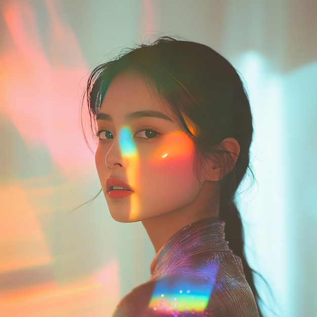 Portrait of a beautiful young asian woman in neon light