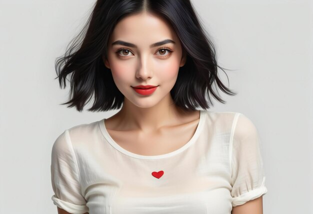 Portrait of a beautiful young asian woman with black hair and red lips