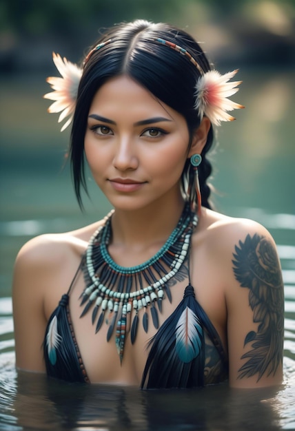 Portrait of a beautiful young asian woman with ethnic jewelry in the water