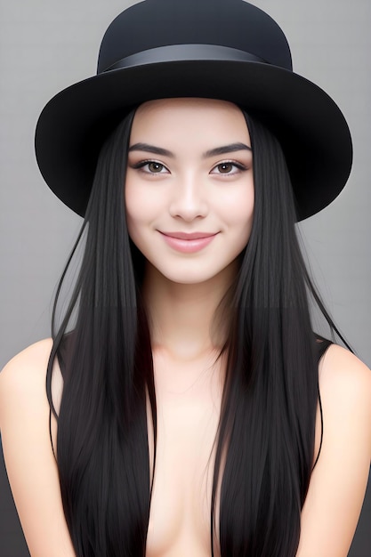 Portrait of beautiful young asian woman with long black hair and hat