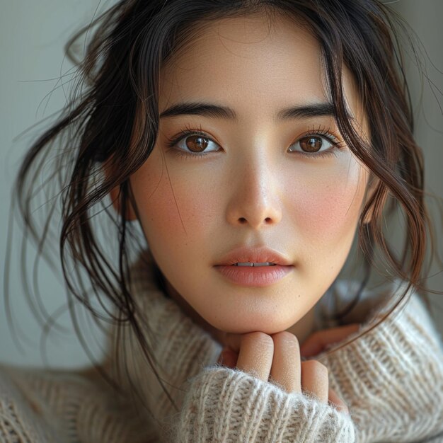 Portrait of beautiful young asian woman with long brown hair in white sweater