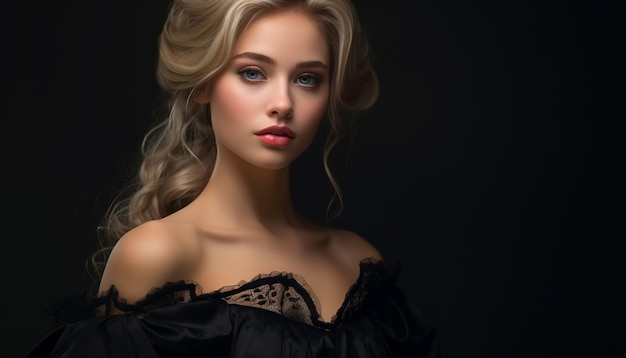 portrait of beautiful young blonde girl in black dress