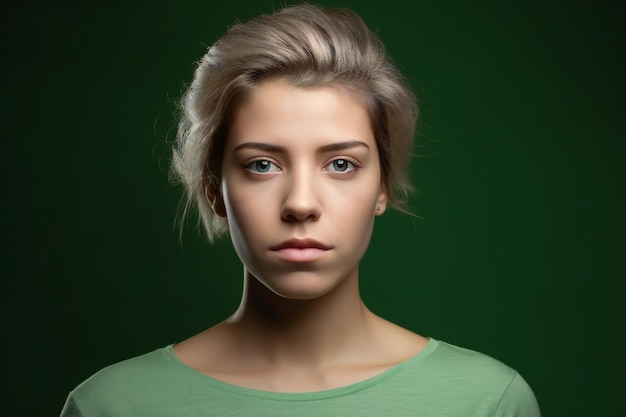 Portrait of a beautiful young blonde woman on a green background