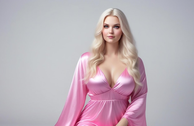 Portrait of a beautiful young blonde woman in pink dress Studio shot