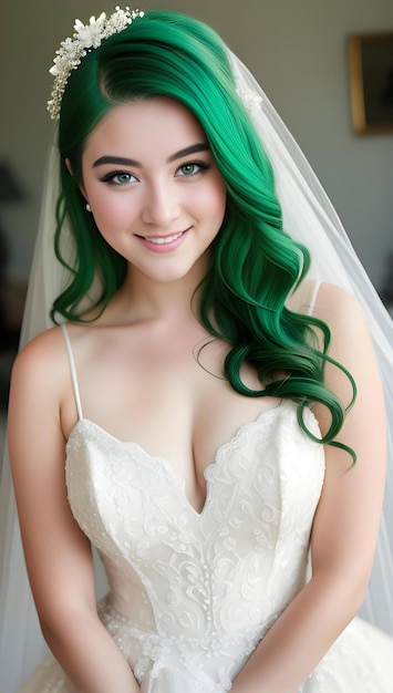 Portrait of beautiful young bride with green hair in white wedding dress