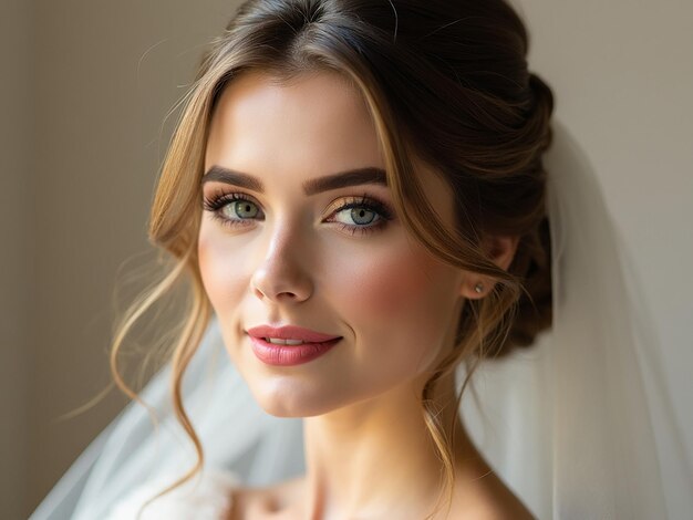 Photo portrait of beautiful young bride with makeup and wedding hairstyle generative ai