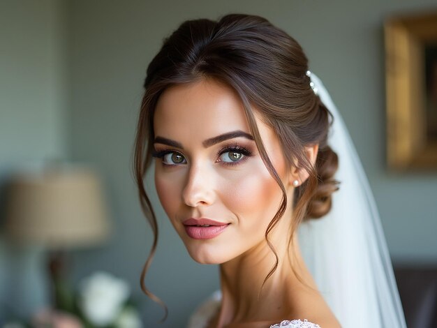 Photo portrait of beautiful young bride with makeup and wedding hairstyle generative ai